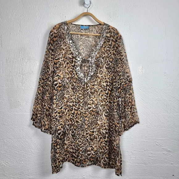 SILK POMEGRANATE Womens Kaftan Top One Size Brown Animal Print Beaded - Picture 1 of 11